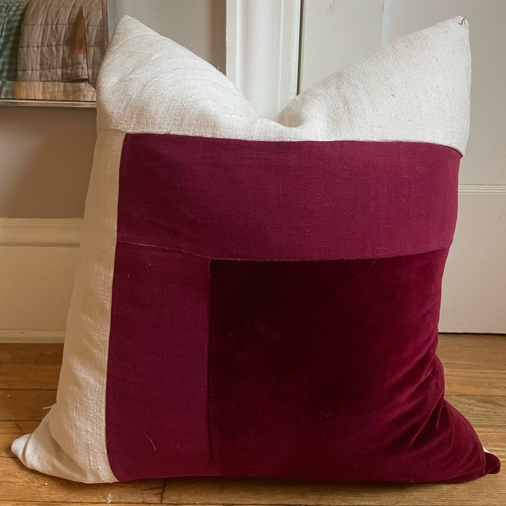 20x20 custom cream & maroon linen & velvet throw pillow covers